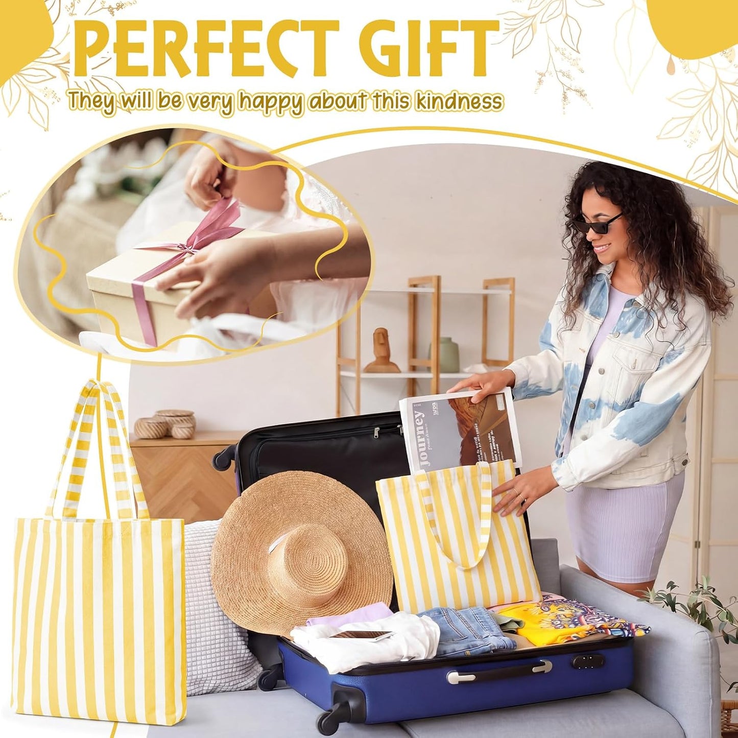 8 Pcs Striped Tote Bag Reusable Canvas Grocery Tote Bag for Bridesmaid Proposal Gifts Beach Bridal Bachelorette Party