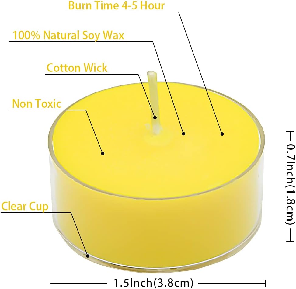 Aromatherapy Soy Wax Tea Candle, Lemon Scented Clear Cup Summer Candles Gift for Home|4 Hour Burn Time|Smokeless& Long Lasting|Great for Bar, Dinner (Pack of 12)