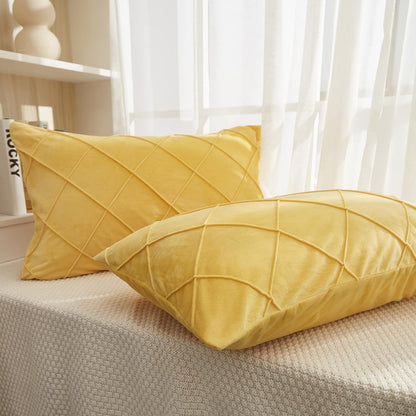 Diamond Pinch Pleated Crystal Velvet Pillowcases 2 Pack Solid Pintuck Throw Cushion Cover for Home Decor Hidden Zipper Closure (Yellow, Standard)
