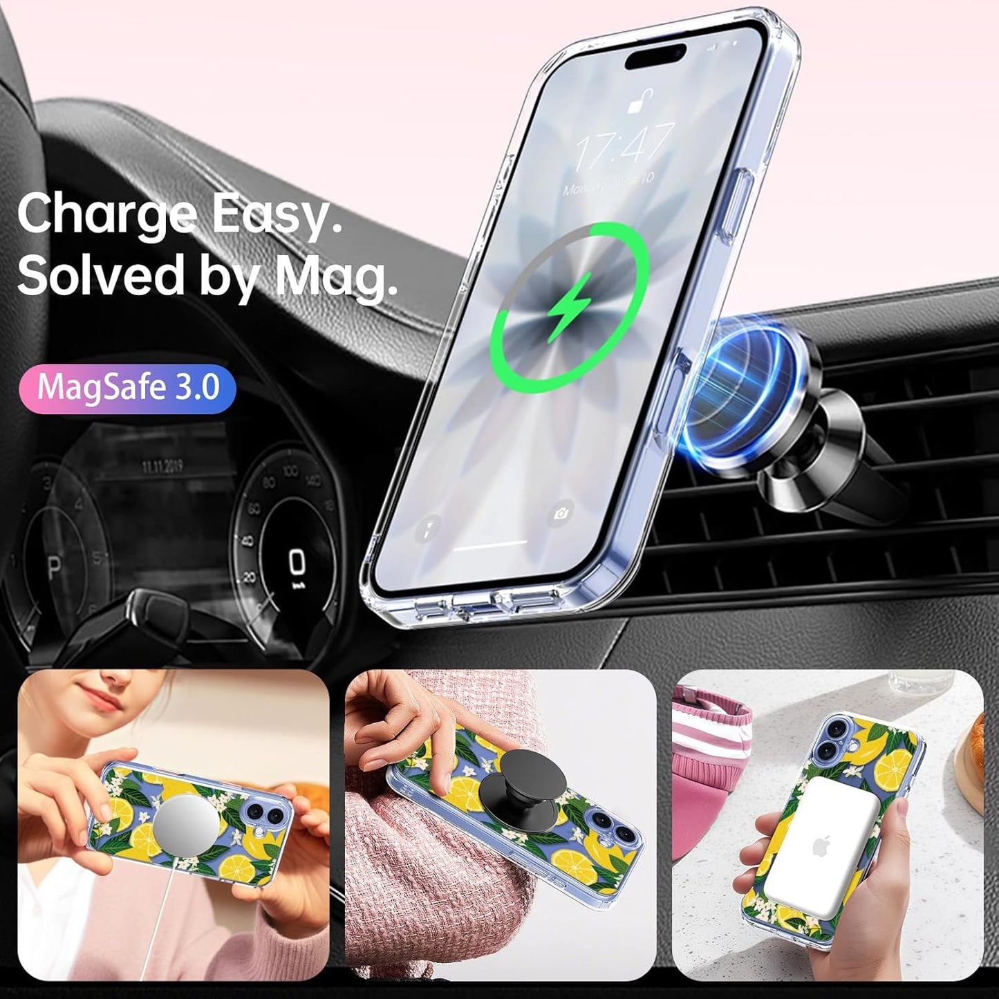 for iPhone 17 Case with Screen Protector - Wireless Charging Compatible, Enhanced Camera Protection - Clear Acrylic Phone Cover with Trendy Floral Design for Women - Nice Lemons