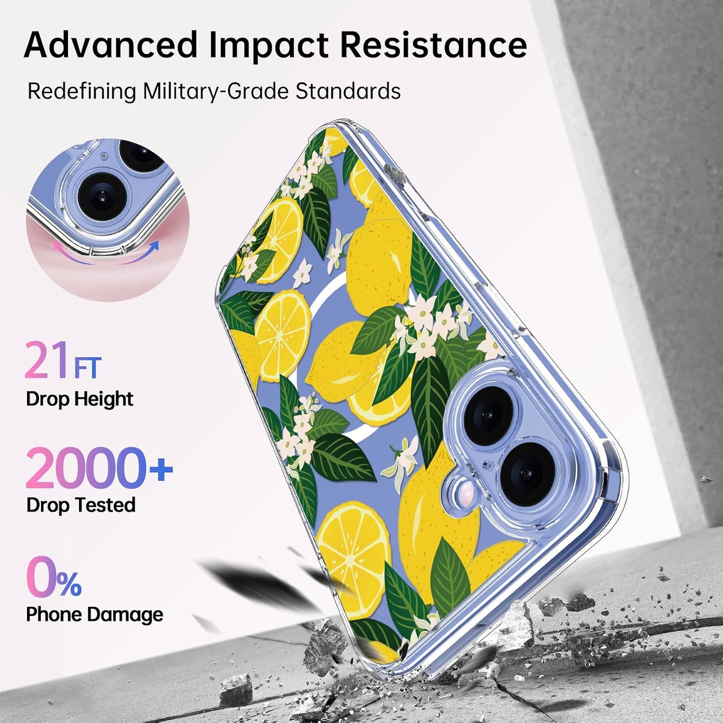 for iPhone 17 Case with Screen Protector - Wireless Charging Compatible, Enhanced Camera Protection - Clear Acrylic Phone Cover with Trendy Floral Design for Women - Nice Lemons