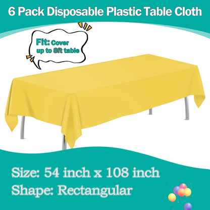 Yellow 6 Pack Plastic Table Cloth 54" x 108", Disposable Tablecloths Rectangle Table Cover, Plastic Tablecloths for Parties