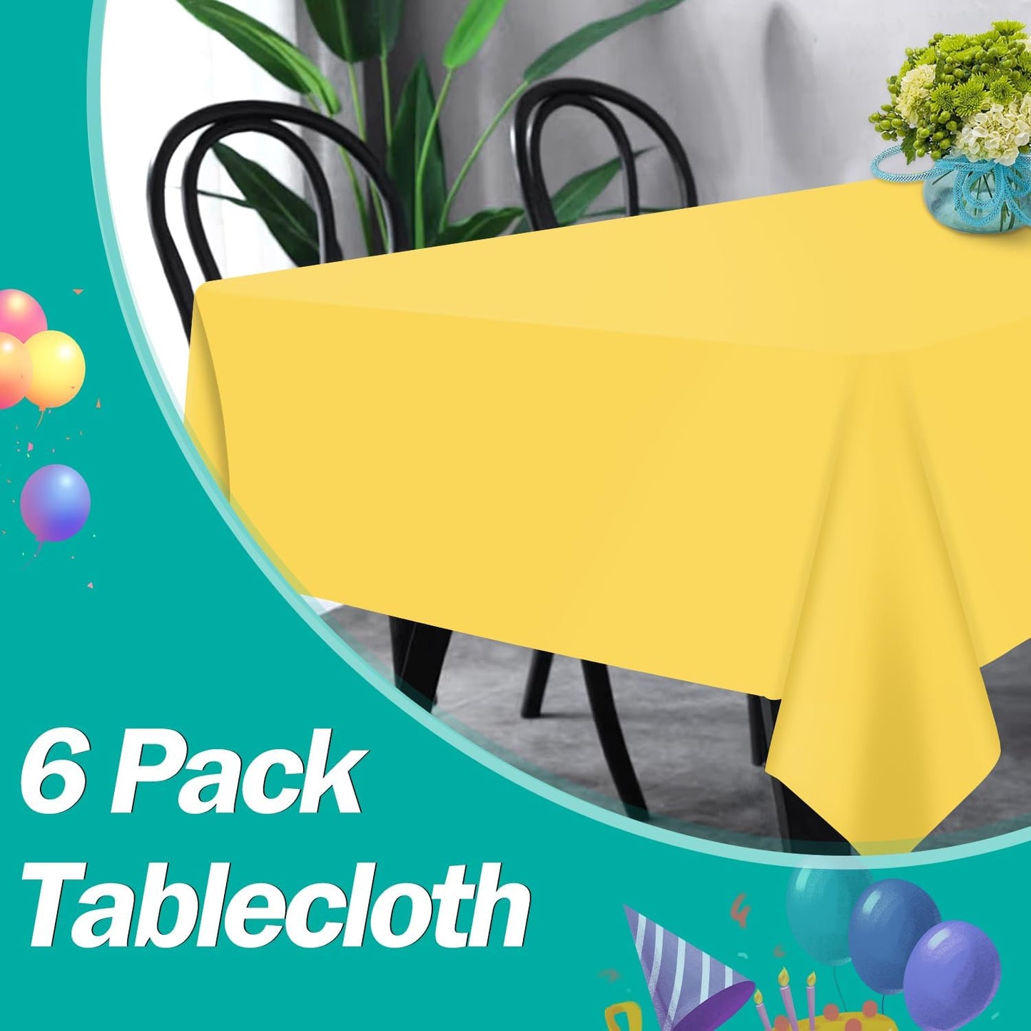 Yellow 6 Pack Plastic Table Cloth 54" x 108", Disposable Tablecloths Rectangle Table Cover, Plastic Tablecloths for Parties