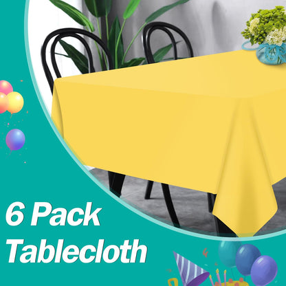 Yellow 6 Pack Plastic Table Cloth 54" x 108", Disposable Tablecloths Rectangle Table Cover, Plastic Tablecloths for Parties