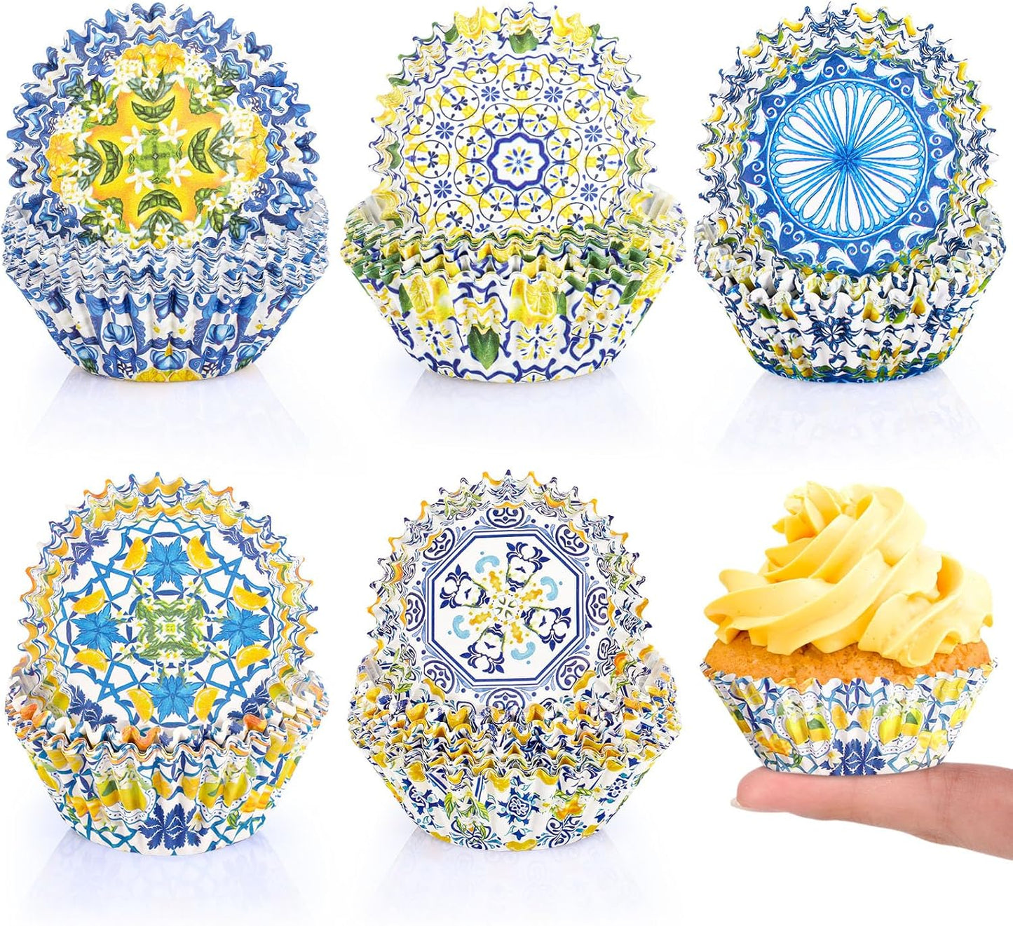 200 Count Blue Tile Lemon Cupcake Paper Liners Lemon Baking Cups Found Her Main Squeeze Bridal Shower Decorations Cupcake Wrappers Disposable for Wedding Graduation Birthday Party Decorations
