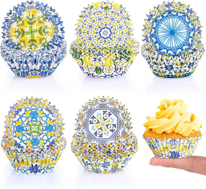 200 Count Blue Tile Lemon Cupcake Paper Liners Lemon Baking Cups Found Her Main Squeeze Bridal Shower Decorations Cupcake Wrappers Disposable for Wedding Graduation Birthday Party Decorations