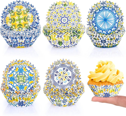 200 Count Blue Tile Lemon Cupcake Paper Liners Lemon Baking Cups Found Her Main Squeeze Bridal Shower Decorations Cupcake Wrappers Disposable for Wedding Graduation Birthday Party Decorations