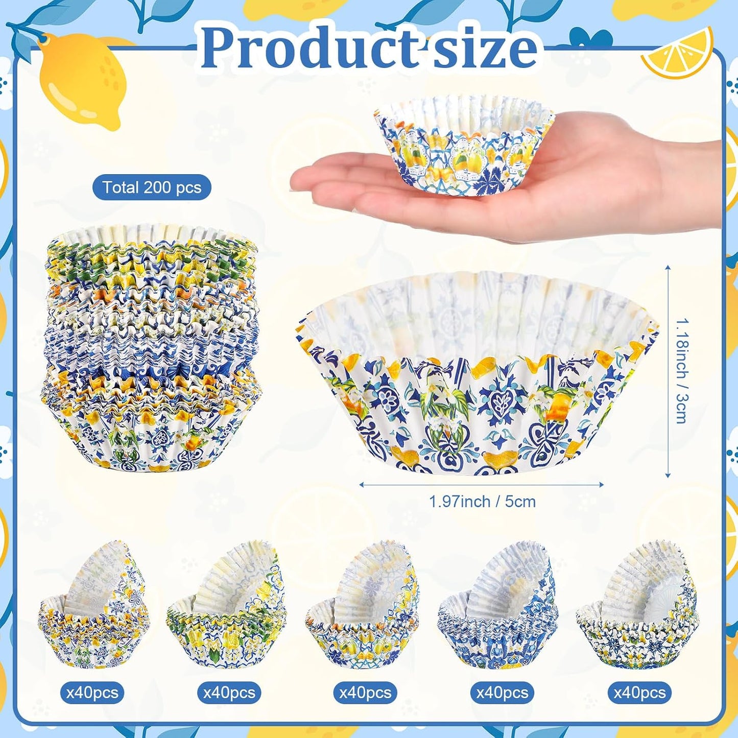 200 Count Blue Tile Lemon Cupcake Paper Liners Lemon Baking Cups Found Her Main Squeeze Bridal Shower Decorations Cupcake Wrappers Disposable for Wedding Graduation Birthday Party Decorations