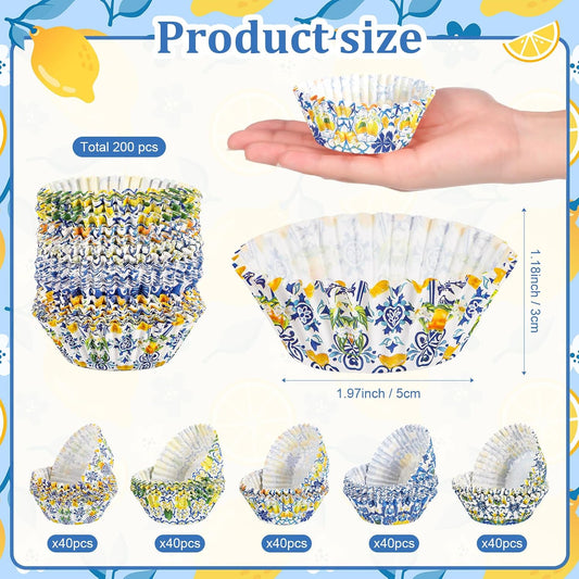200 Count Blue Tile Lemon Cupcake Paper Liners Lemon Baking Cups Found Her Main Squeeze Bridal Shower Decorations Cupcake Wrappers Disposable for Wedding Graduation Birthday Party Decorations