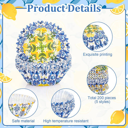 200 Count Blue Tile Lemon Cupcake Paper Liners Lemon Baking Cups Found Her Main Squeeze Bridal Shower Decorations Cupcake Wrappers Disposable for Wedding Graduation Birthday Party Decorations