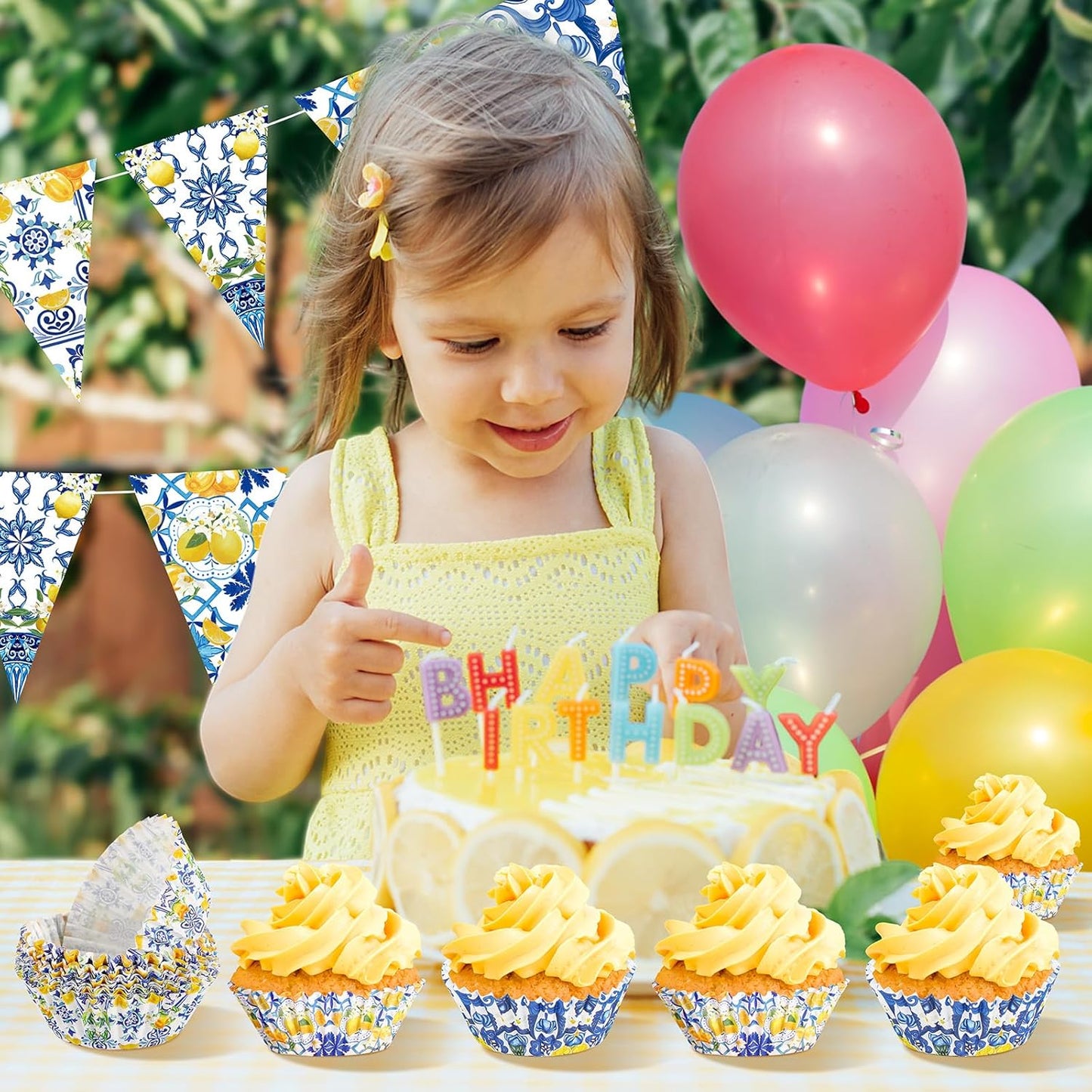 200 Count Blue Tile Lemon Cupcake Paper Liners Lemon Baking Cups Found Her Main Squeeze Bridal Shower Decorations Cupcake Wrappers Disposable for Wedding Graduation Birthday Party Decorations