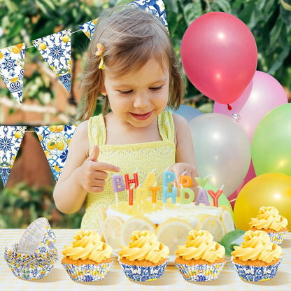 200 Count Blue Tile Lemon Cupcake Paper Liners Lemon Baking Cups Found Her Main Squeeze Bridal Shower Decorations Cupcake Wrappers Disposable for Wedding Graduation Birthday Party Decorations