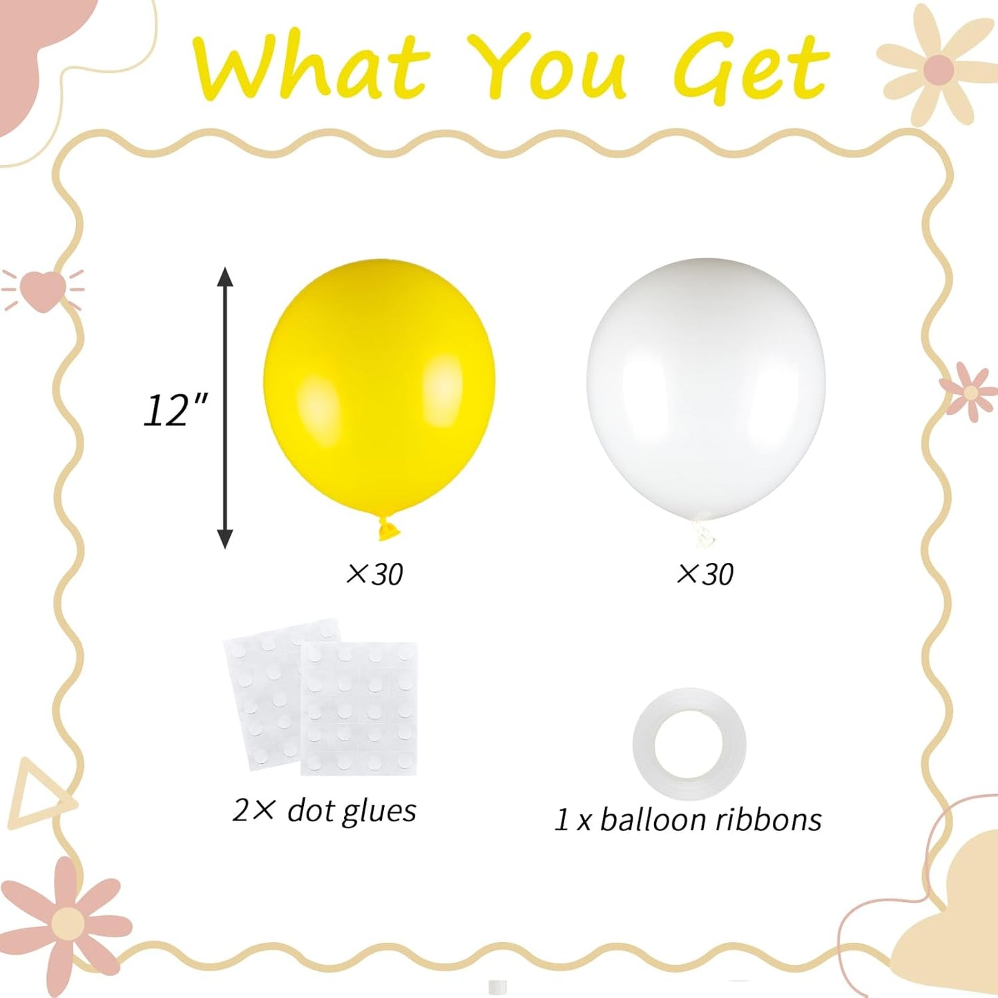 60pcs Yellow and White Balloons Kit, 12 Inch White Yellow Balloons | Latex Party Balloons for Sunflower & Bee Theme, Gender Reveal, Baby Shower, Spring Wedding, Easter & Graduation Decor