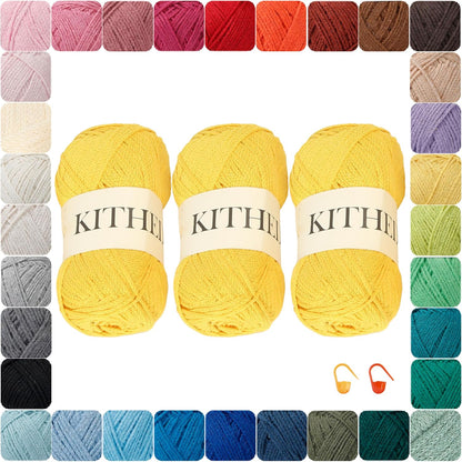 Cotton Chainette Yarn,4 Medium (Worsted)-10oz,3 Pack,Knitting Yarn for Beginners,Thicker for Crocheting and Knitting (23 Lemon Yellow)