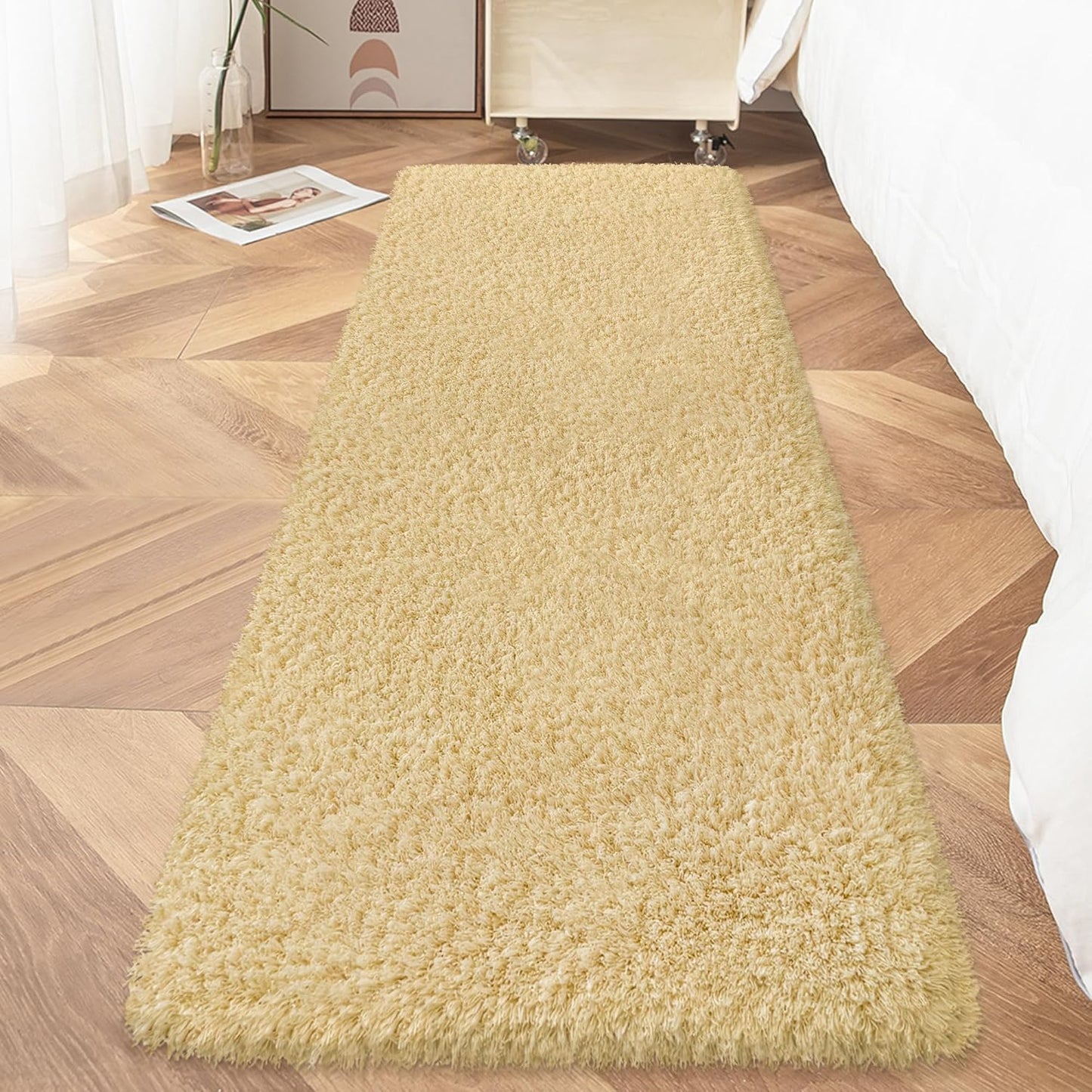 Soft Runner Rugs for Bedroom Shag Runner 2x6 Ft Hallway Runner Plush Shaggy Carpet Non Slip for Bedside Sofa Living Room Dorm, Light Yellow