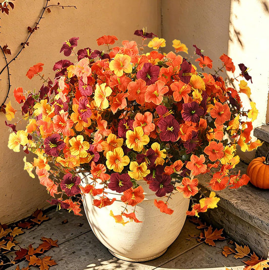 Fake Fall Flowers 12 Bundles Realistic Artificial Petunias for Outdoors | Lifelike Faux Plants UV Resistant Silk Floral Orange Brown Yellow Mums for Outside Planters Porch Patio Garden Autumn Decor