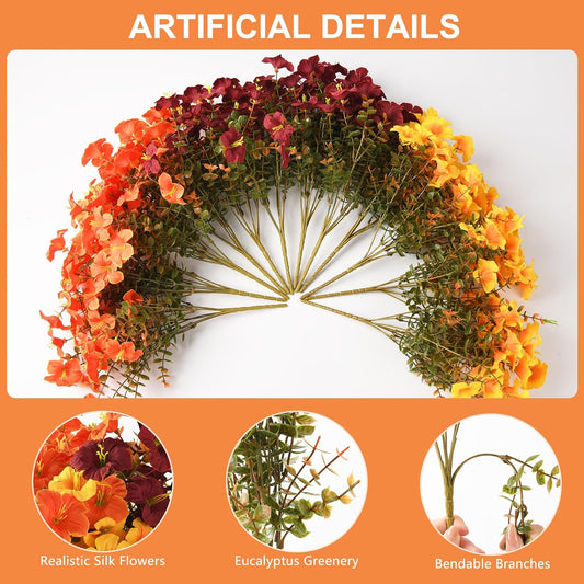 Fake Fall Flowers 12 Bundles Realistic Artificial Petunias for Outdoors | Lifelike Faux Plants UV Resistant Silk Floral Orange Brown Yellow Mums for Outside Planters Porch Patio Garden Autumn Decor