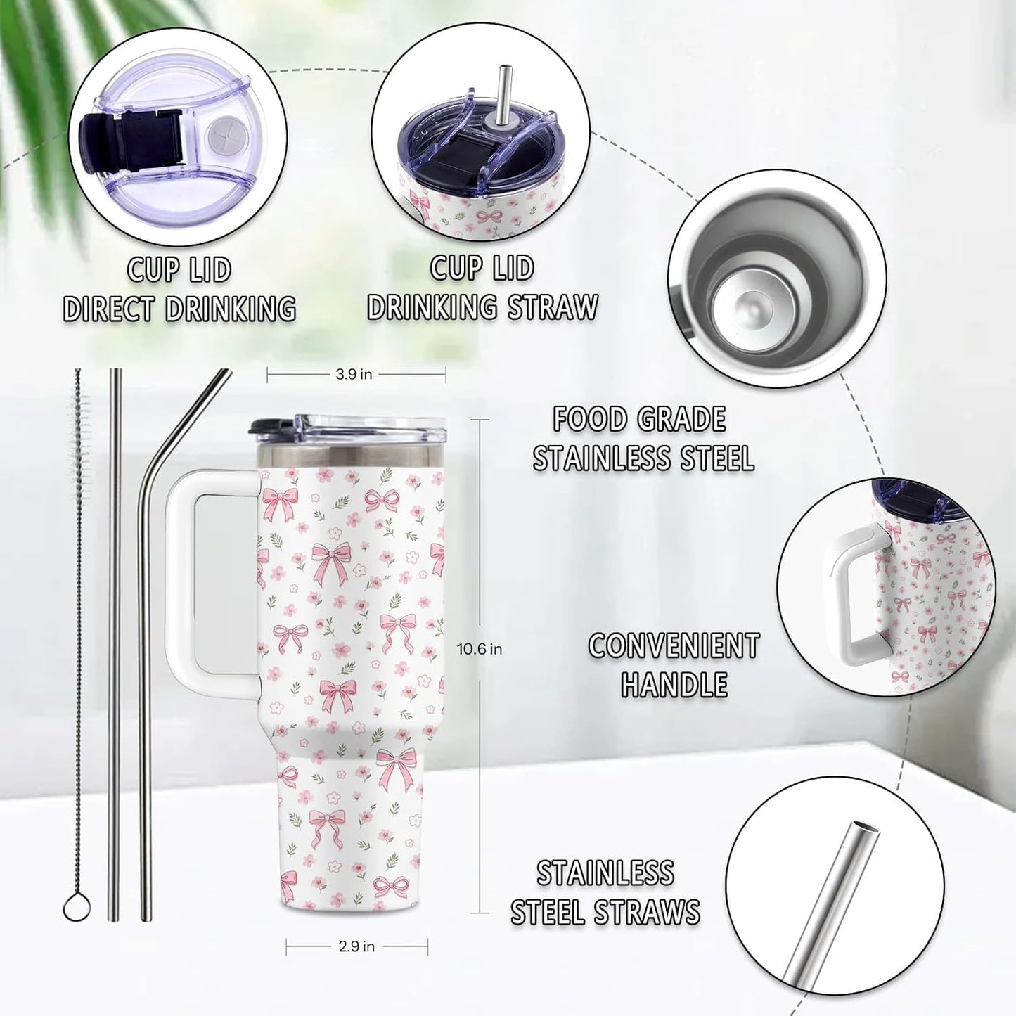 Lemon 40oz Tumbler, with Handle Straw, Insulated Sport Coffee Cup | 40oz Stainless Steel Tumbler, Travel Water Bottle, Thanksgiving Christmas Birthday Gift for Lemon Lover
