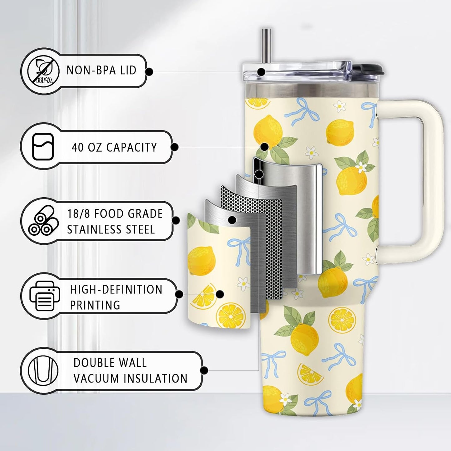 Lemon 40oz Tumbler, with Handle Straw, Insulated Sport Coffee Cup | 40oz Stainless Steel Tumbler, Travel Water Bottle, Thanksgiving Christmas Birthday Gift for Lemon Lover