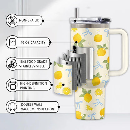 Lemon 40oz Tumbler, with Handle Straw, Insulated Sport Coffee Cup | 40oz Stainless Steel Tumbler, Travel Water Bottle, Thanksgiving Christmas Birthday Gift for Lemon Lover