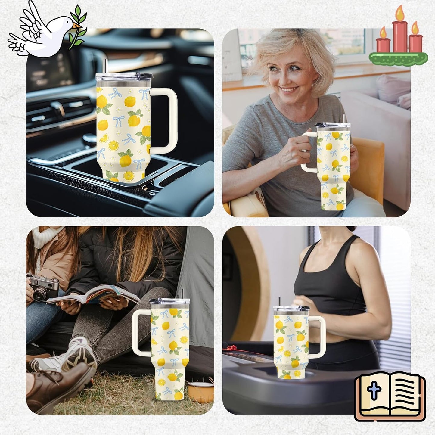 Lemon 40oz Tumbler, with Handle Straw, Insulated Sport Coffee Cup | 40oz Stainless Steel Tumbler, Travel Water Bottle, Thanksgiving Christmas Birthday Gift for Lemon Lover