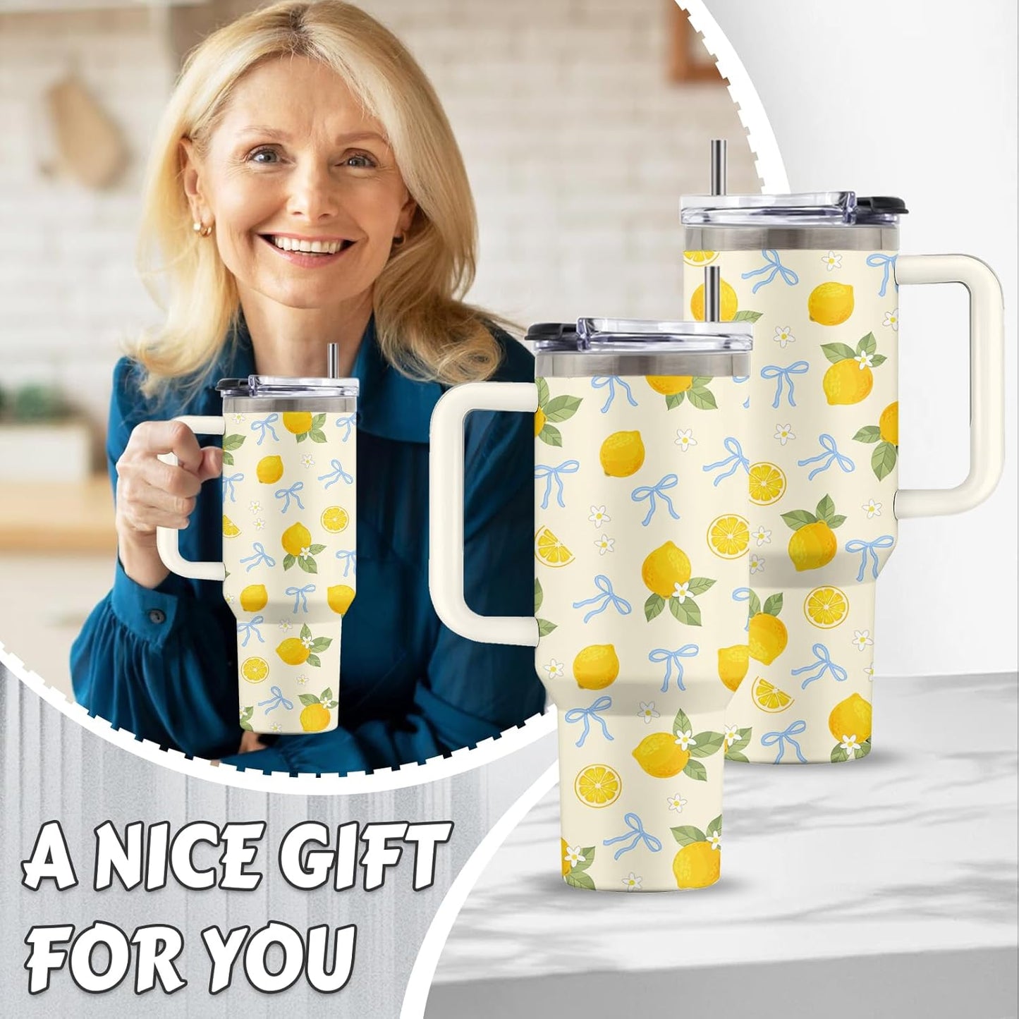 Lemon 40oz Tumbler, with Handle Straw, Insulated Sport Coffee Cup | 40oz Stainless Steel Tumbler, Travel Water Bottle, Thanksgiving Christmas Birthday Gift for Lemon Lover