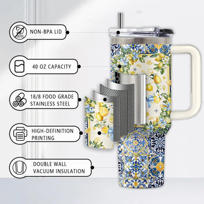 Lemon 40oz Tumbler, with Handle Straw, Insulated Sport Coffee Cup | 40oz Stainless Steel Tumbler, Travel Water Bottle, Thanksgiving Christmas Birthday Gift for Lemon Lover