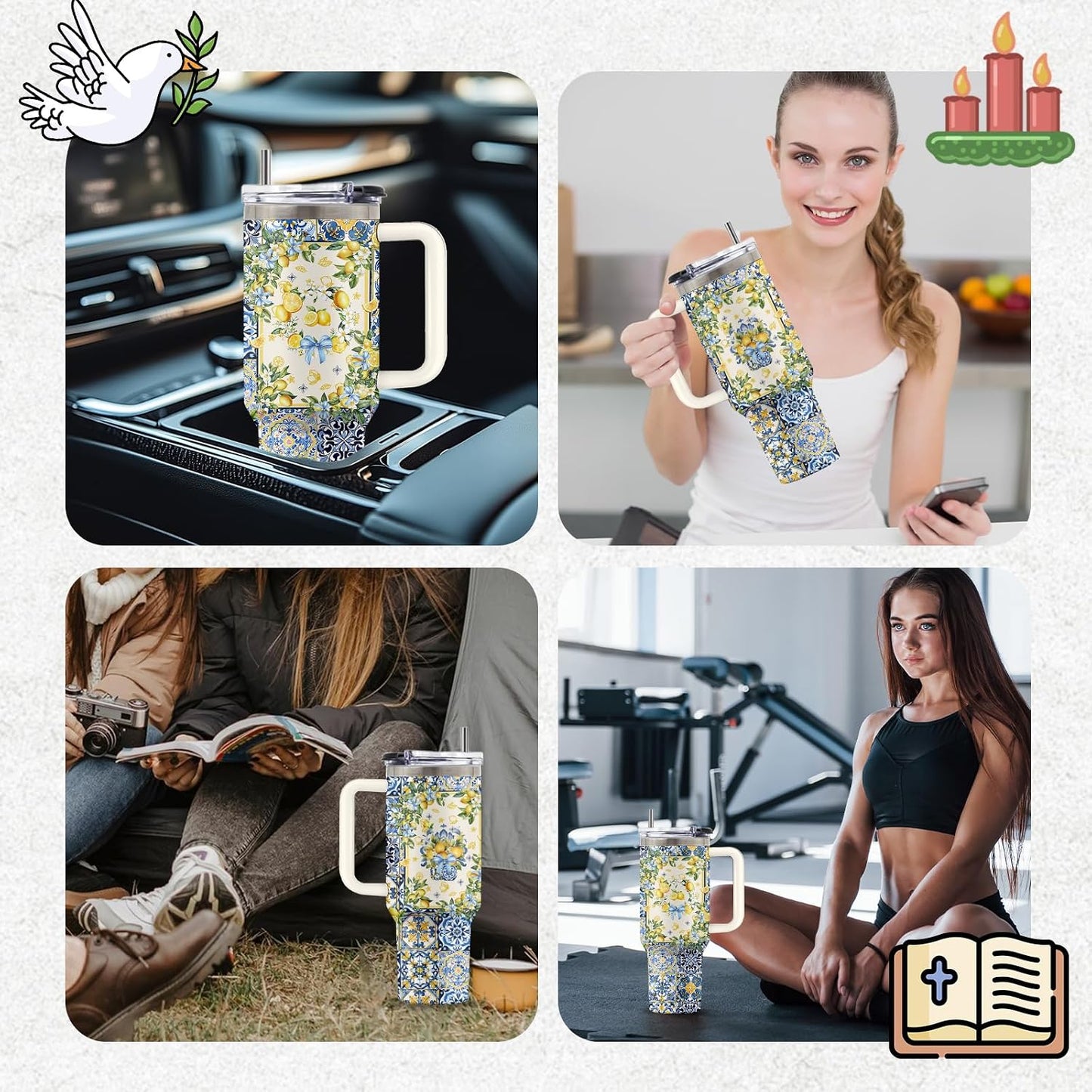 Lemon 40oz Tumbler, with Handle Straw, Insulated Sport Coffee Cup | 40oz Stainless Steel Tumbler, Travel Water Bottle, Thanksgiving Christmas Birthday Gift for Lemon Lover