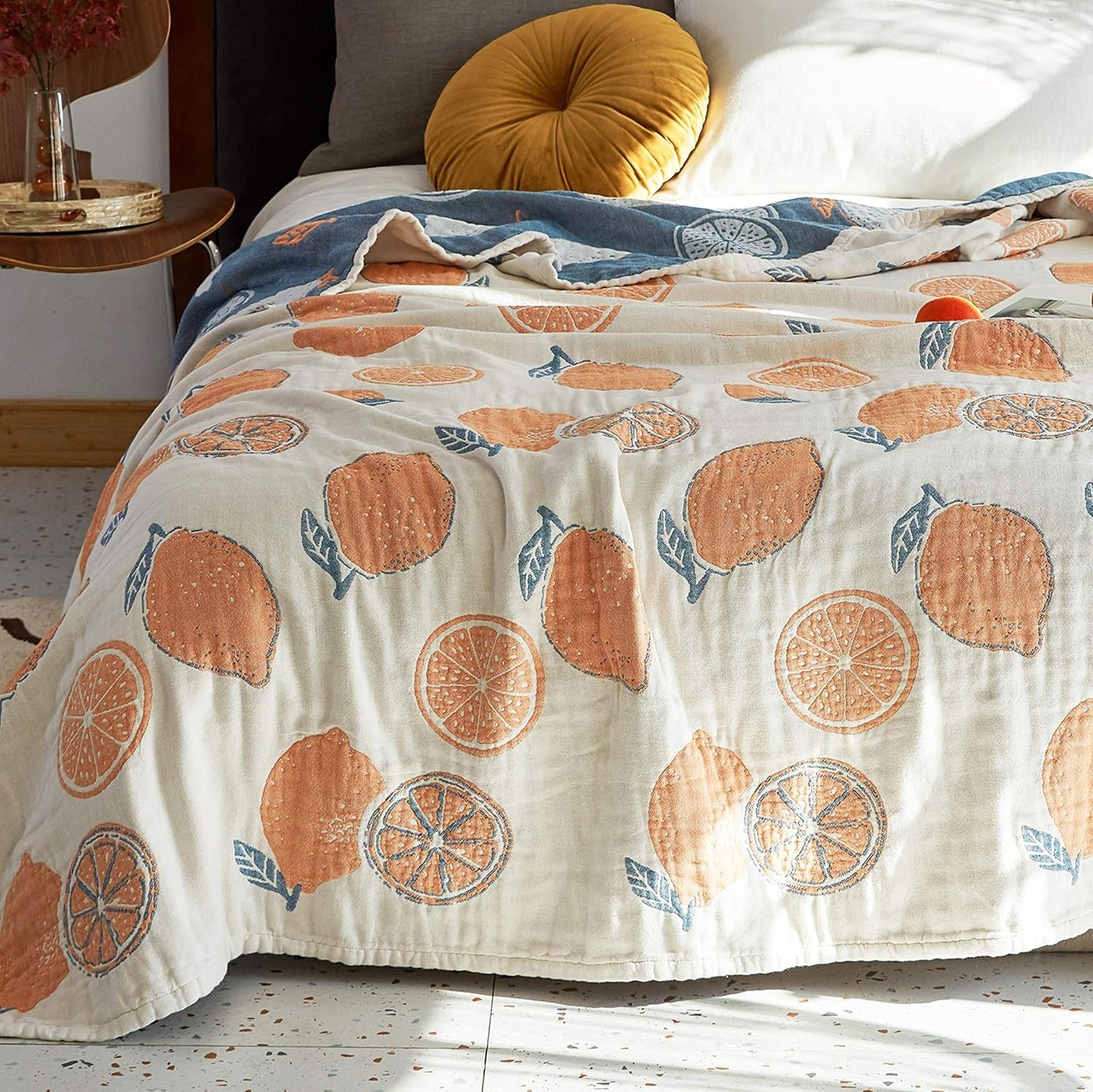 Lemon 100% Cotton Muslin Blanket Throw Cover for Bed Couch Sofa Cozy Soft Reversible Bedding Lightweight Warm Bedspread Quilt Coverlet Full Queen F/Q 80 in x 90 in