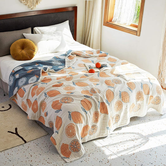 Lemon 100% Cotton Muslin Blanket Throw Cover for Bed Couch Sofa Cozy Soft Reversible Bedding Lightweight Warm Bedspread Quilt Coverlet Full Queen F/Q 80 in x 90 in