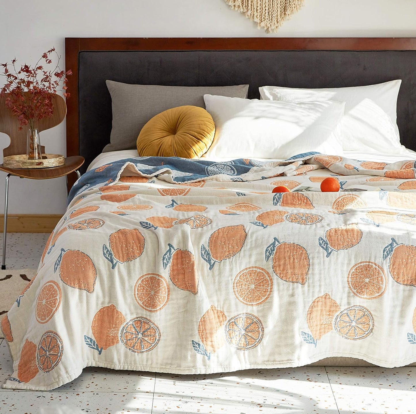 Lemon 100% Cotton Muslin Blanket Throw Cover for Bed Couch Sofa Cozy Soft Reversible Bedding Lightweight Warm Bedspread Quilt Coverlet Full Queen F/Q 80 in x 90 in