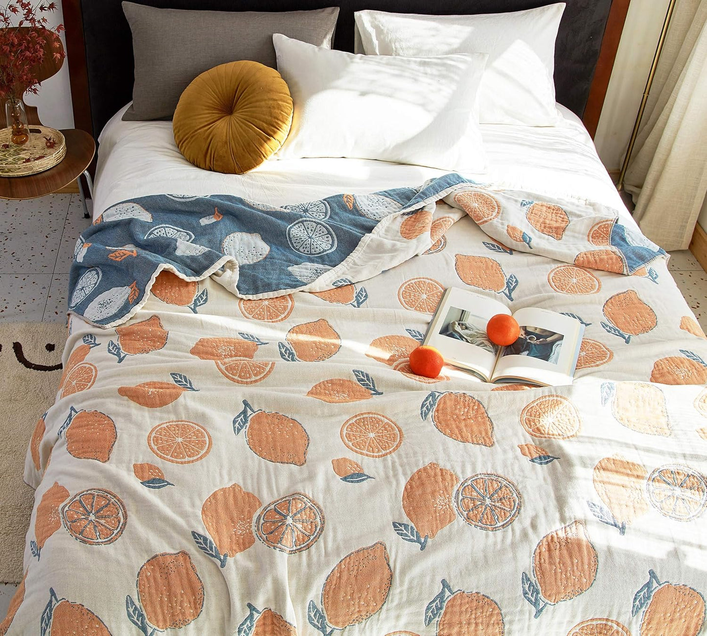 Lemon 100% Cotton Muslin Blanket Throw Cover for Bed Couch Sofa Cozy Soft Reversible Bedding Lightweight Warm Bedspread Quilt Coverlet Full Queen F/Q 80 in x 90 in