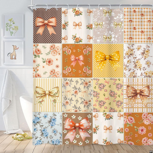 Boho Bow Floral Shower Curtain 72Wx72L Inch Orange Brown Yellow Cute Retro Checkered Patchwork Colorful Flower Bathroom Set for Coquette Girly Waterproof Bath Decoration Accessories Home Decor