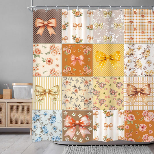 Boho Bow Floral Shower Curtain 72Wx72L Inch Orange Brown Yellow Cute Retro Checkered Patchwork Colorful Flower Bathroom Set for Coquette Girly Waterproof Bath Decoration Accessories Home Decor