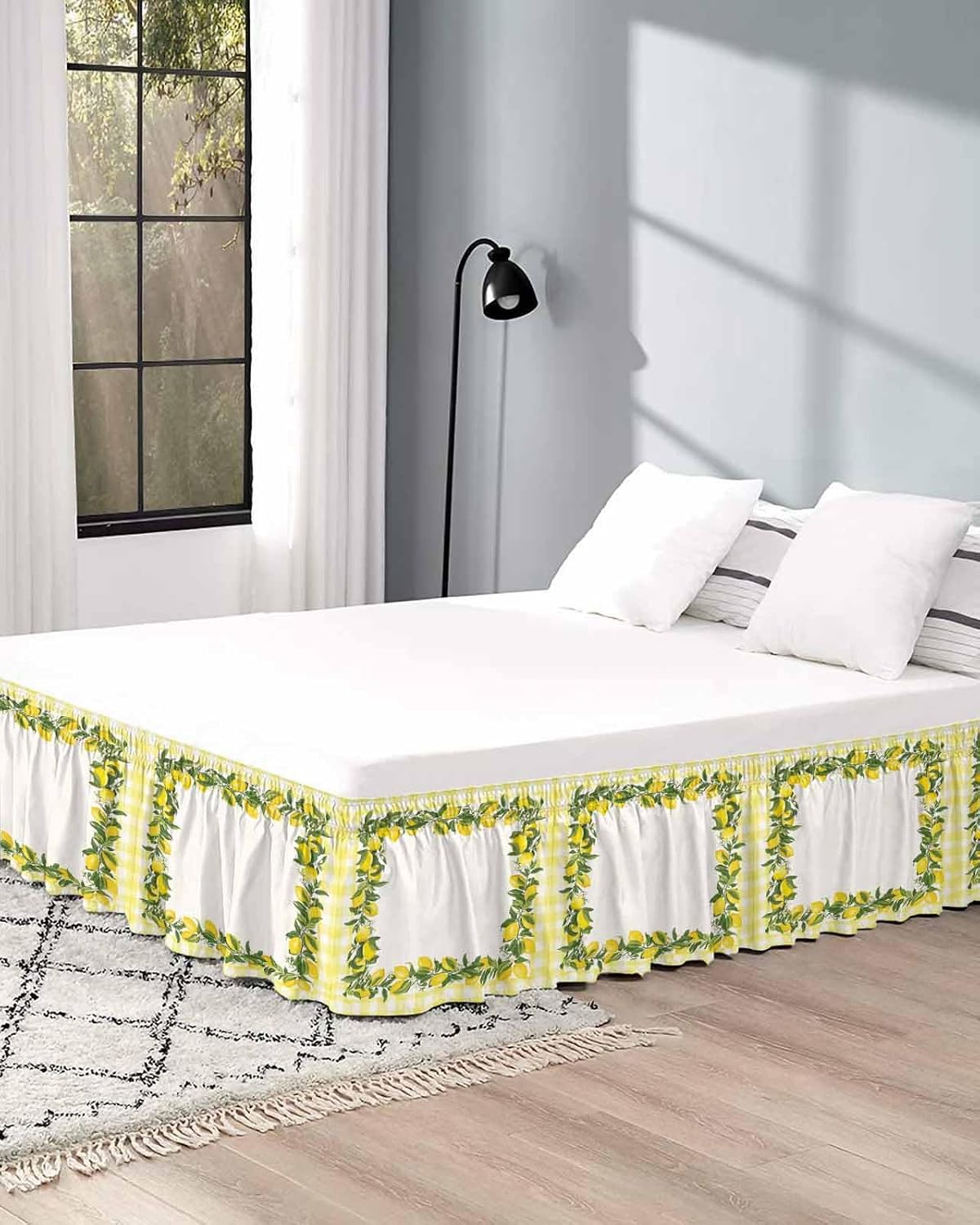 Summer Lemons Bed Skirt Queen Size 16 Inch Drop, Adjustable Elastic Wrap Around Bed Skirts Easy Fitting Dust Ruffle Bedskirt Bed Frame Cover Farmhouse Fruits Yellow Buffalo Plaid