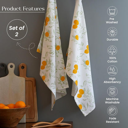 The Fine Living Co. 100% Cotton Kitchen Towels Set of 2, 18 x 28 inches, Lemon Printed Dish Towel, Hand Towels, Kitchen Towels, Boho Tea Towels - Multifunctional, Stylish, Absorbent, Soft