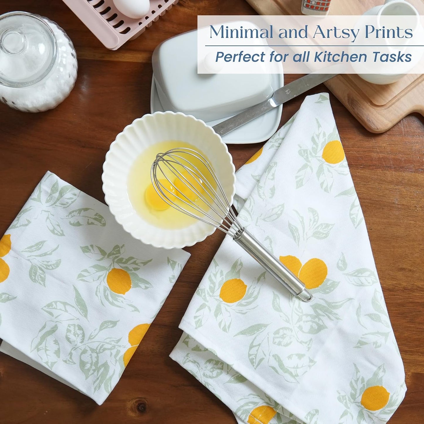 The Fine Living Co. 100% Cotton Kitchen Towels Set of 2, 18 x 28 inches, Lemon Printed Dish Towel, Hand Towels, Kitchen Towels, Boho Tea Towels - Multifunctional, Stylish, Absorbent, Soft