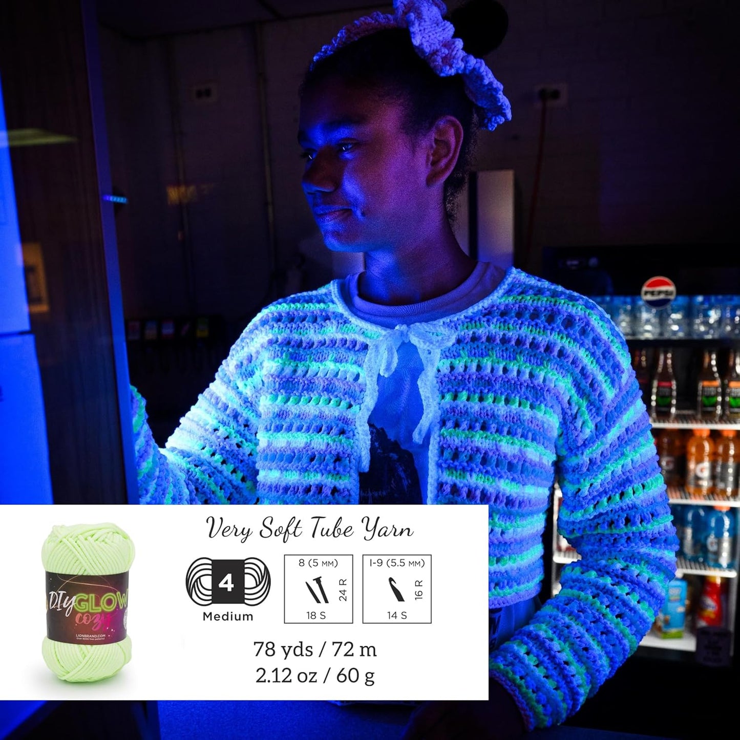 DIY Glow Cozy Glow in the Dark Yarn, Neon Yellow, 1 Pack | Worsted Weight Soft Tube Knit & Crochet Fiber for Halloween Costumes, Décor, Pillows, Trim, Glow in the Dark Bags
