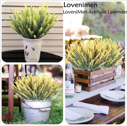 Artificial Lavender Yellow 4 Bundles, Lifelike Faux Flowers Foliage Leaves Plant for Wedding Bouquets, Outside Hanging Planter, Farmhouse Indoor Outdoor Patio Home Decor