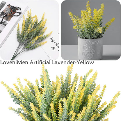 Artificial Lavender Yellow 4 Bundles, Lifelike Faux Flowers Foliage Leaves Plant for Wedding Bouquets, Outside Hanging Planter, Farmhouse Indoor Outdoor Patio Home Decor