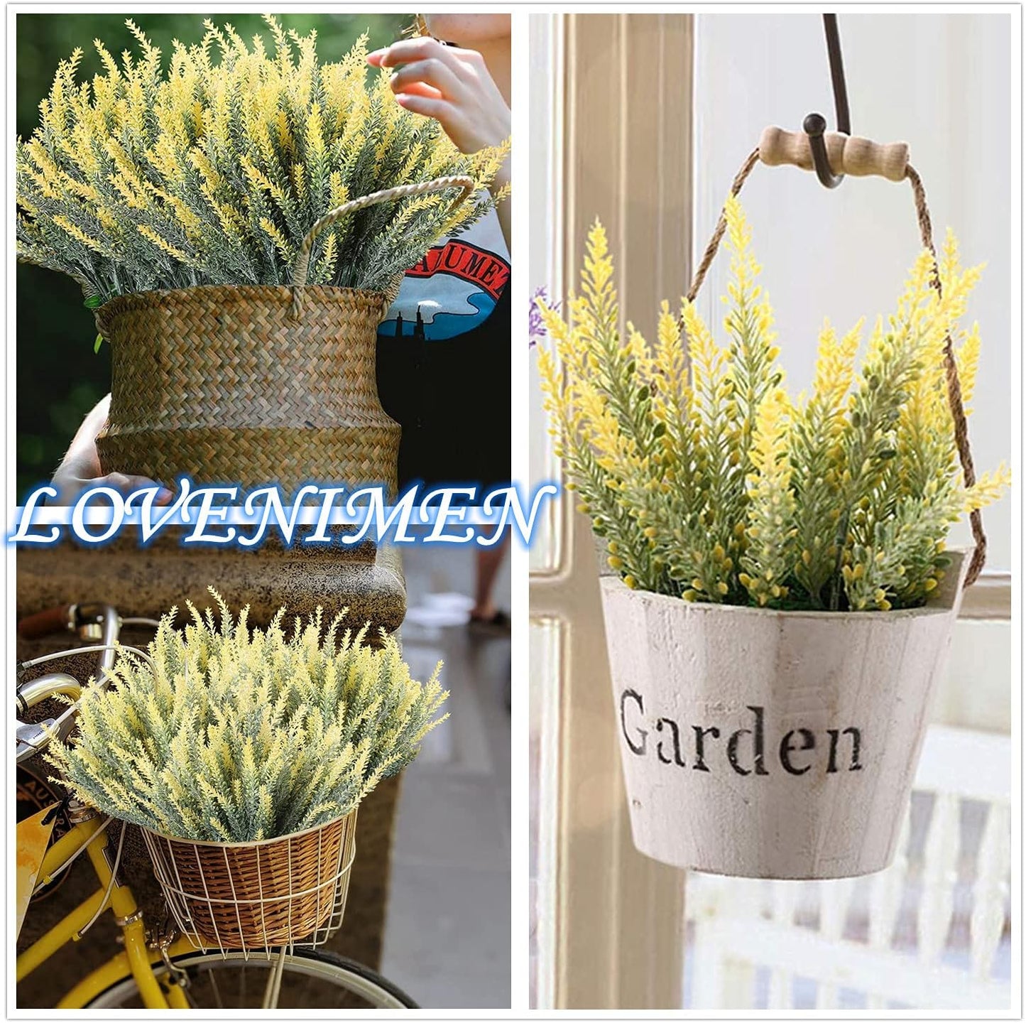 Artificial Lavender Yellow 4 Bundles, Lifelike Faux Flowers Foliage Leaves Plant for Wedding Bouquets, Outside Hanging Planter, Farmhouse Indoor Outdoor Patio Home Decor