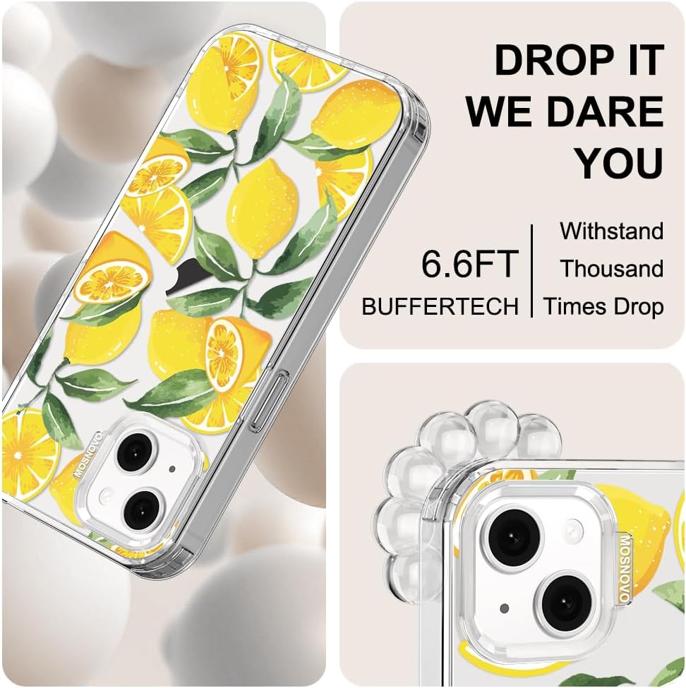 Case for iPhone 13 Pro Max, [Buffertech 6.6ft Military-Grade Drop Protection] [Anti Peel Off Tech] Clear TPU Bumper Phone Case Cover Design - Lemon - Colors B