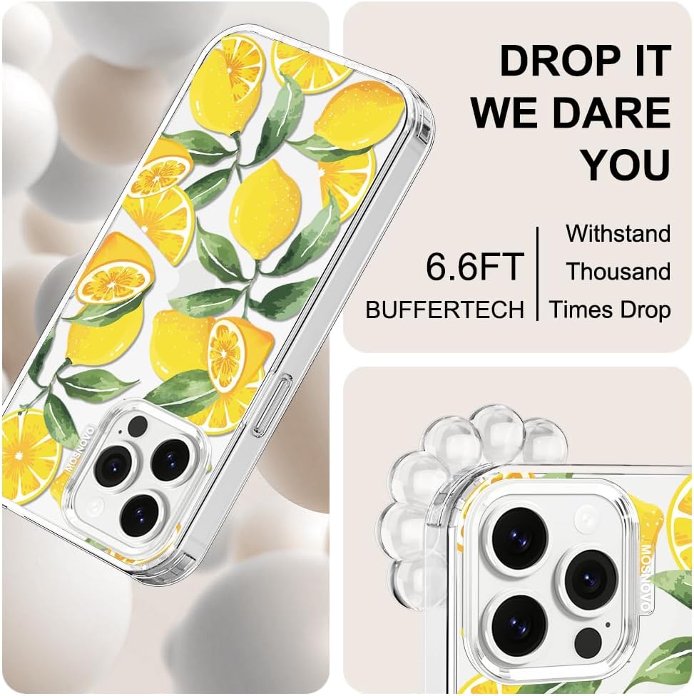 Case for iPhone 13 Pro Max, [Buffertech 6.6ft Military-Grade Drop Protection] [Anti Peel Off Tech] Clear TPU Bumper Phone Case Cover Design - Lemon - Colors B