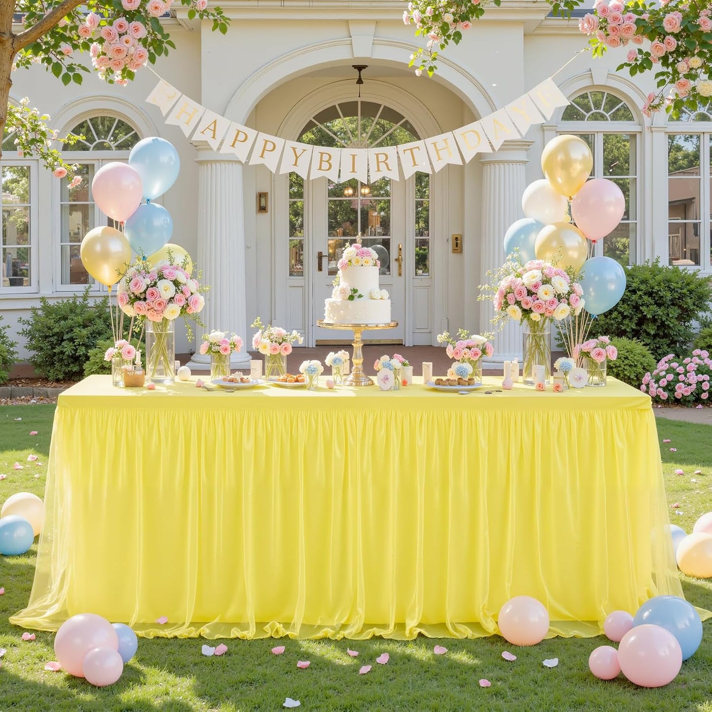 Yellow Tulle Tablecloth for 6 Foot Rectangular Tables 6ft Yellow Rectangle Table Cloth Wrinkle Free Table Cover with Tutu Skirt for Birthday Cocktail Banquet Buffet Lemon Citrus Fruit Party Decoration