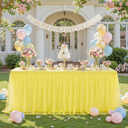 Yellow Tulle Tablecloth for 6 Foot Rectangular Tables 6ft Yellow Rectangle Table Cloth Wrinkle Free Table Cover with Tutu Skirt for Birthday Cocktail Banquet Buffet Lemon Citrus Fruit Party Decoration