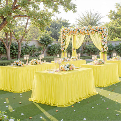 Yellow Tulle Tablecloth for 6 Foot Rectangular Tables 6ft Yellow Rectangle Table Cloth Wrinkle Free Table Cover with Tutu Skirt for Birthday Cocktail Banquet Buffet Lemon Citrus Fruit Party Decoration
