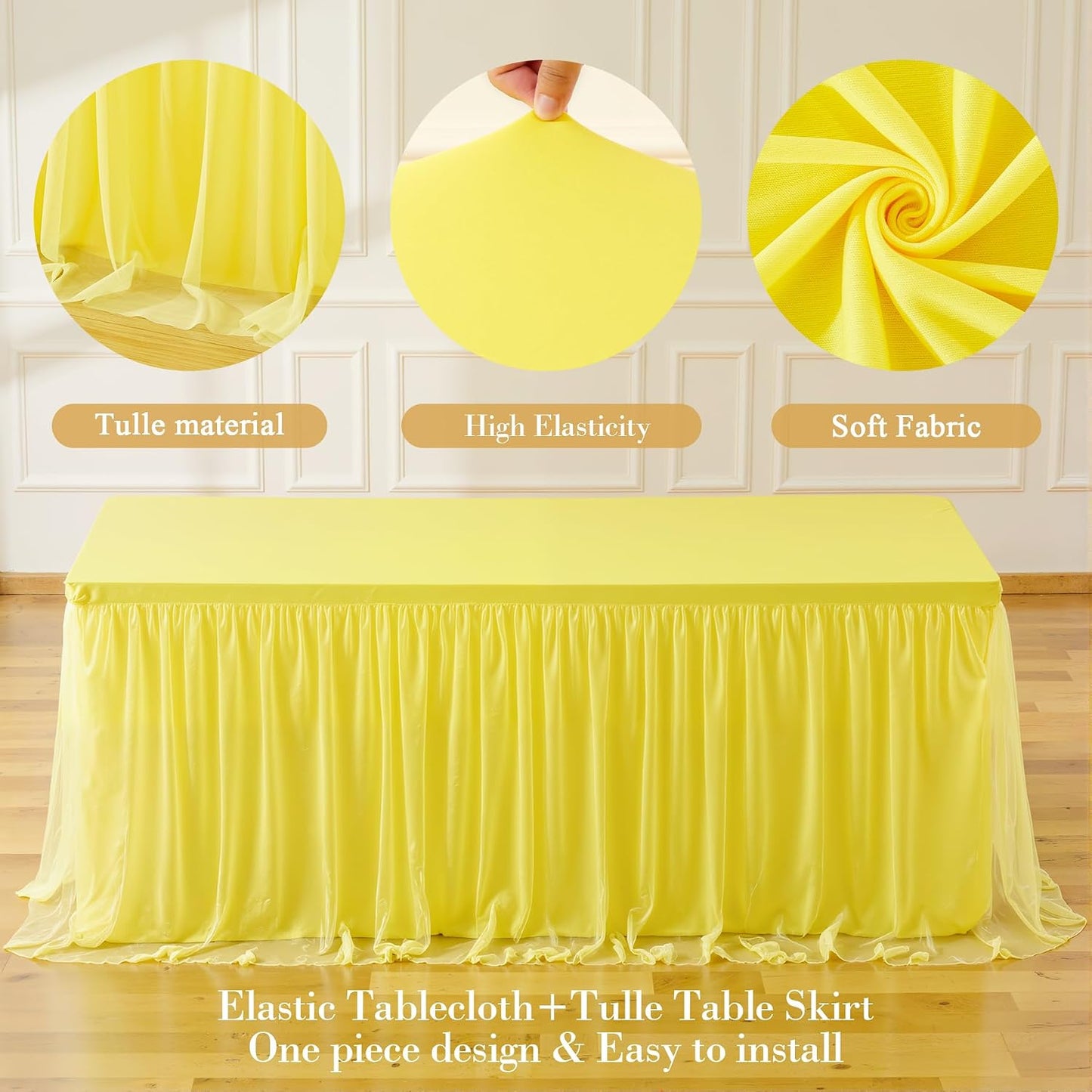 Yellow Tulle Tablecloth for 6 Foot Rectangular Tables 6ft Yellow Rectangle Table Cloth Wrinkle Free Table Cover with Tutu Skirt for Birthday Cocktail Banquet Buffet Lemon Citrus Fruit Party Decoration