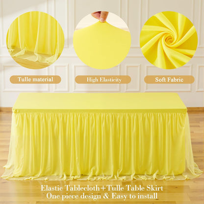 Yellow Tulle Tablecloth for 6 Foot Rectangular Tables 6ft Yellow Rectangle Table Cloth Wrinkle Free Table Cover with Tutu Skirt for Birthday Cocktail Banquet Buffet Lemon Citrus Fruit Party Decoration