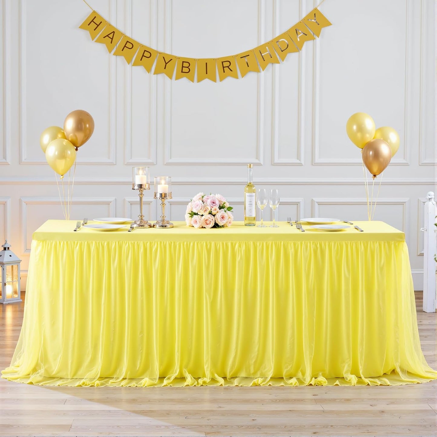 Yellow Tulle Tablecloth for 6 Foot Rectangular Tables 6ft Yellow Rectangle Table Cloth Wrinkle Free Table Cover with Tutu Skirt for Birthday Cocktail Banquet Buffet Lemon Citrus Fruit Party Decoration
