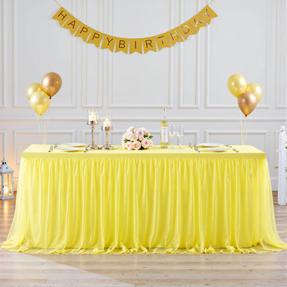 Yellow Tulle Tablecloth for 6 Foot Rectangular Tables 6ft Yellow Rectangle Table Cloth Wrinkle Free Table Cover with Tutu Skirt for Birthday Cocktail Banquet Buffet Lemon Citrus Fruit Party Decoration